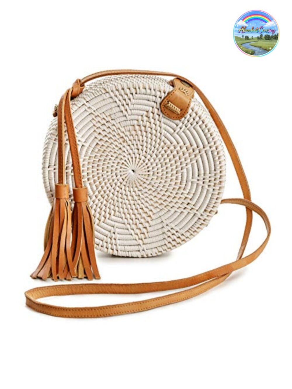 Handmade Rattan Straw Tassel Crossbody Bag with Leather Strap